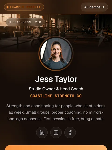 Example profile for Jess Taylor, Studio Owner and Head Coach
