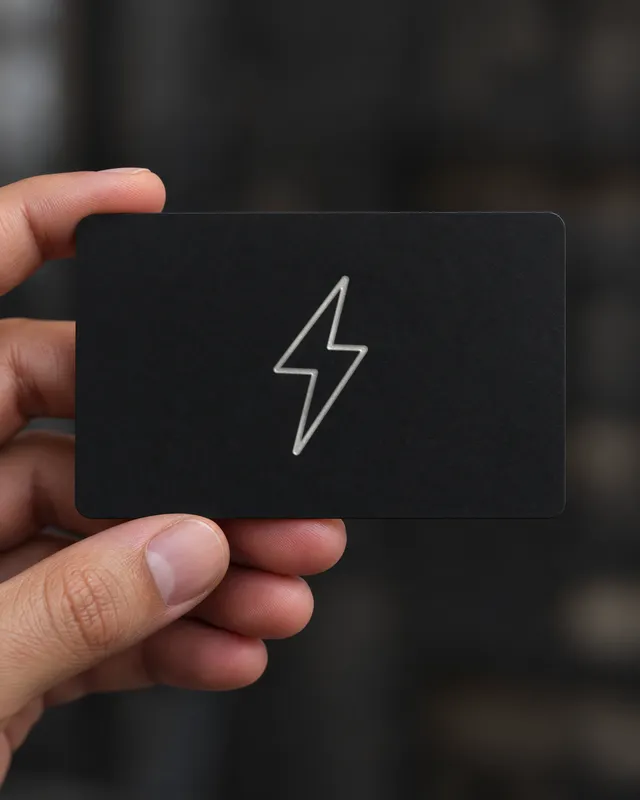 A hand holding the matte black ZapCard with its silver foil bolt